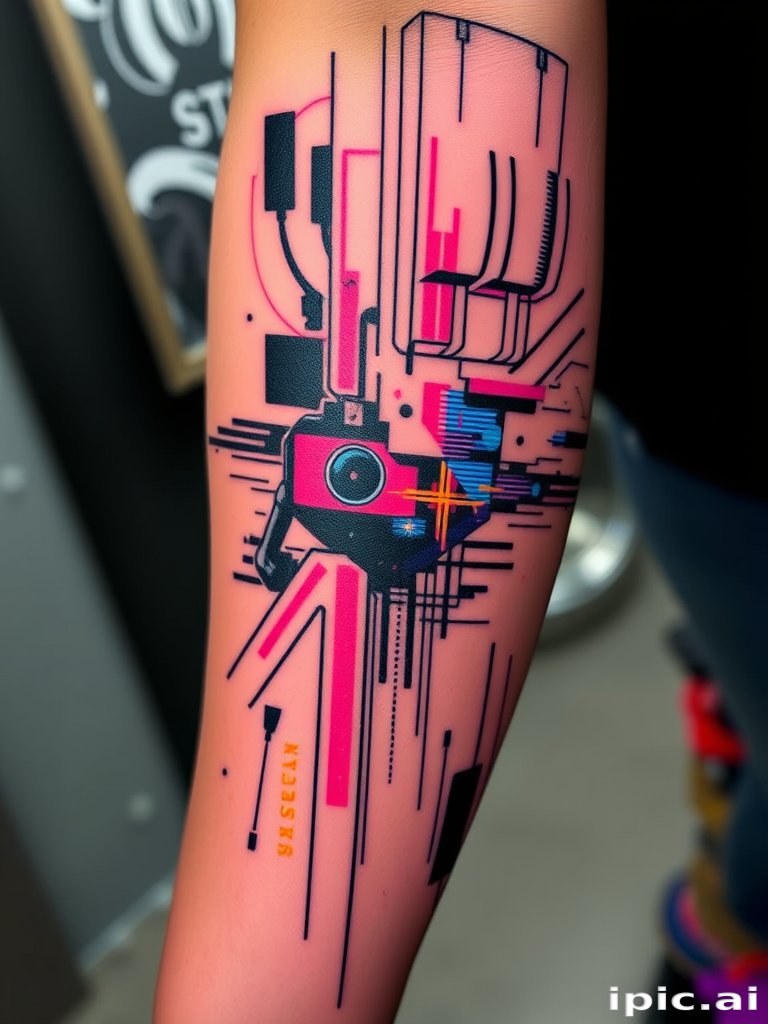 Glitch art tattoo style called "Digital Distortion" incorporating pixelated elements, static noise, and intentional visual glitches to create a unique, technology-inspired design, ideal for modern tattoo enthusiasts