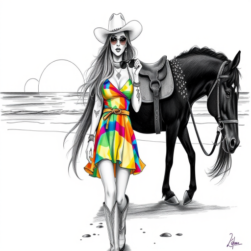 A monochrome sketch of a beautiful woman with long hair wearing a short vibrant multicolored sundress, white cowboy hat and boots, jewelry, tattoos, holding sunglasses, walking on a beach with a black horse behind her with glittery rhinestones around its neck. Sunset in the background. Blacklight pencil illustration UHD