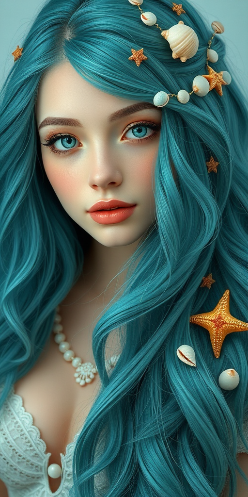 Ethereal portrait featuring Mermaid Teal tresses, long and wavy with subtle aqua highlights, adorned with small seashells and starfish accessories