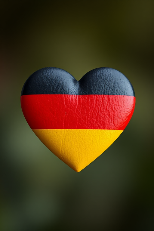 Create a high-resolution image of a heart-shaped symbol colored in black, red, and yellow to represent the German flag, using a Canon EOS R5 camera with a 50mm f/1.2 lens, aperture set to f/2.8, ISO 100, and a shallow depth of field to create a soft background blur.