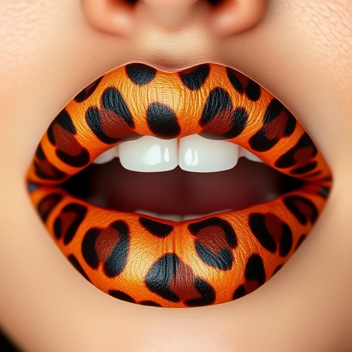 Fierce leopard print lips feature a bold animal pattern in warm golden and chocolate tones, making a statement with their unique and daring design