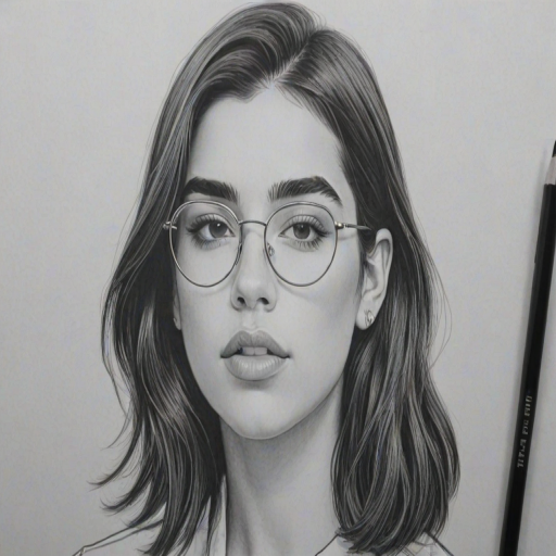 Superb Dua Lipa, pencil sketch, portrait of Gorgeous woman 1977s in glasses, hair style beatnik, outline, clear lines, fine lines, 8k