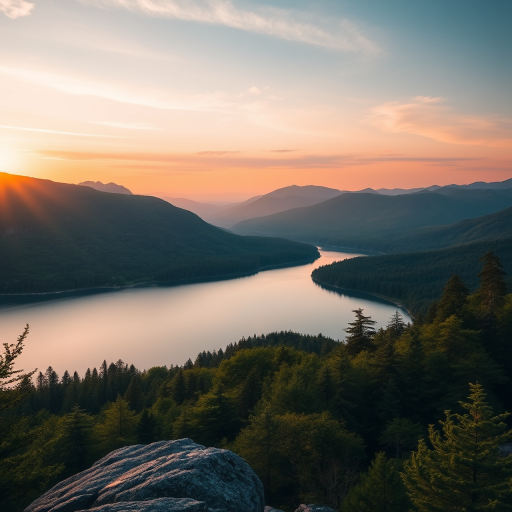 Create a high-resolution image of a serene landscape featuring a tranquil lake surrounded by lush green mountains during sunset, using a DSLR camera with a 35mm lens, aperture f/8, ISO 100, and a wide-angle view to capture the expansive scenery.