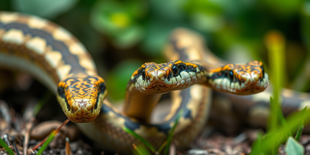 A high-resolution image of three distinct snakes in a natural setting, close-up view, focus on textures and colors, with a shallow depth of field; taken with a DSLR camera, 50mm lens, f/2.8 aperture, ISO 100, natural lighting.
