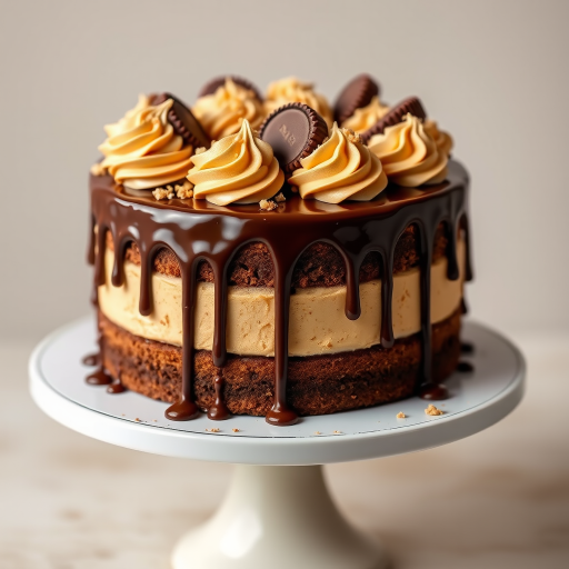 Create an image of a luxurious layered cake with a chocolate ganache drip. The cake should be decorated with swirls of peanut butter frosting and topped with peanut butter cups. Add a sprinkle of crushed peanut butter candy around the top for added texture and detail. The cake should be presented on a cake stand, with a focus on rich, indulgent textures and colors.