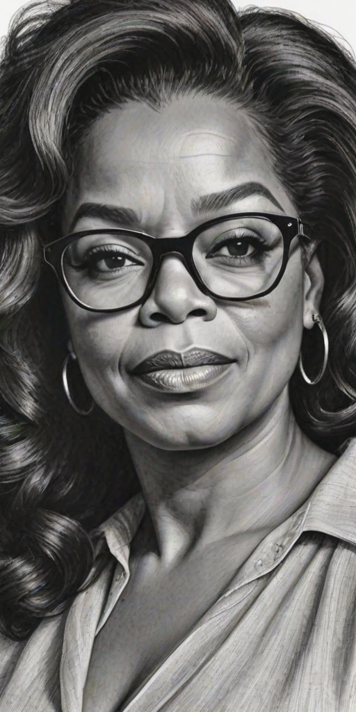 Captivating Oprah Winfrey, pencil sketch, portrait of Captivating woman 1967s in glasses, hair style beatnik, outline, clear lines, fine lines, 8k