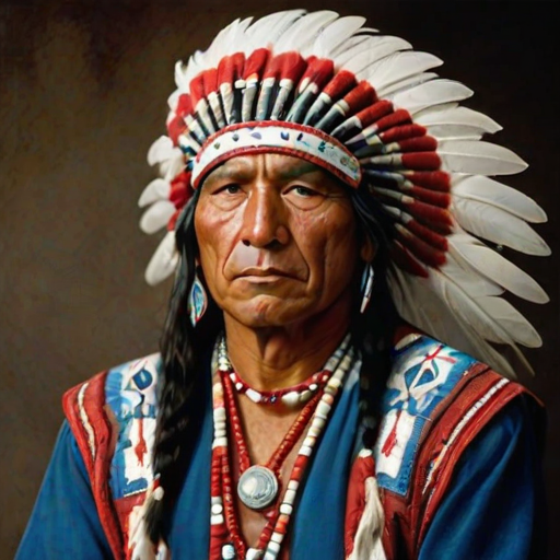 Create a dignified portrait of a Native American man dressed in traditional attire. He wears a beautifully crafted headdress adorned with white feathers and red beads, along with a beaded headband featuring intricate patterns. His clothing includes a deep blue, patterned shirt and a traditional chest piece with detailed beadwork. His arms are crossed, displaying leather armbands decorated with feathers. The background is simple and neutral, emphasizing his proud and stoic expression. The overall image captures the rich cultural heritage and strength of his persona.