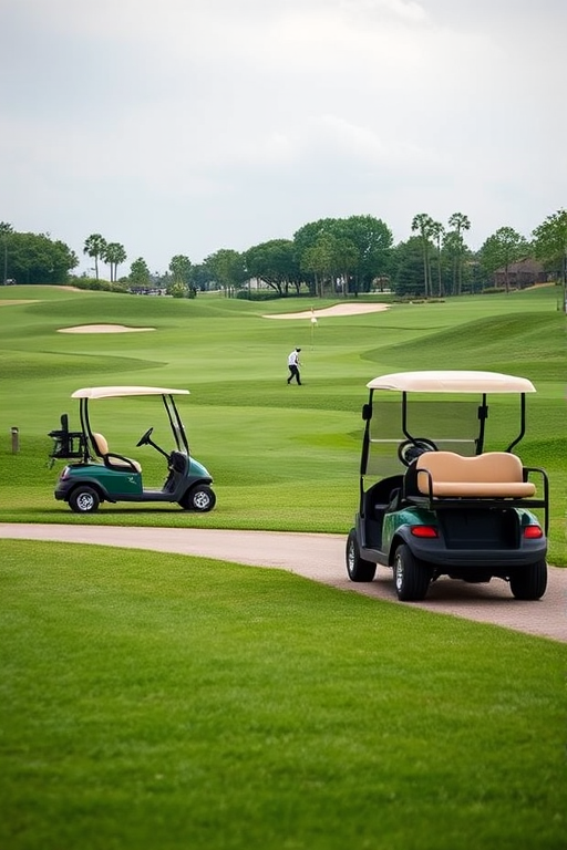 Capture a serene golf course scene with two golf carts parked on a path, a golfer in the distance, using a DSLR camera with a 50mm lens, aperture set to f/2.8 for a shallow depth of field, ISO 200 for clarity, and a slightly overcast sky for soft lighting, ensuring vibrant greens and a peaceful atmosphere.