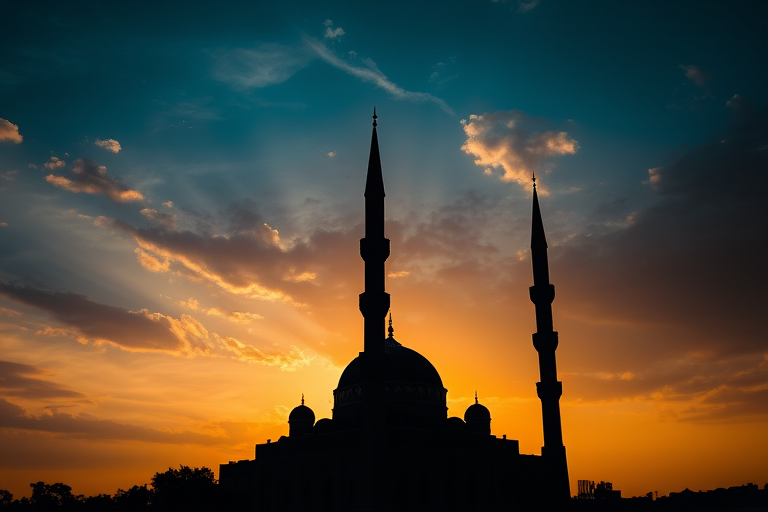 silhouette of a mosque at sunset with dramatic clouds and sun setting behind, captured with a DSLR camera using a 50mm lens at f/1.8, ISO 100, shutter speed 1/200s, shot from a low angle to enhance the prominence of the mosque and its minarets