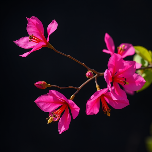 photograph a single branch of bougainvillea flowers with vibrant pink petals against a black background, use a Canon EOS R5 camera with a 100mm macro lens, aperture set to f/2.8 for a shallow depth of field, ISO 100, shutter speed 1/200s, capture in natural light with a slight backlight effect for enhanced texture and detail