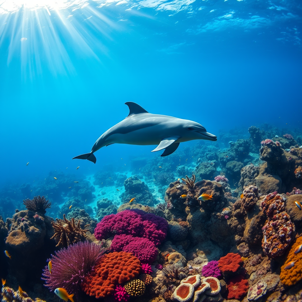 underwater scene of a dolphin swimming gracefully surrounded by vibrant coral reefs and colorful fish, with rays of sunlight filtering through the water, captured with a Canon EOS R5, ISO 200, aperture f/8, shutter speed 1/500s, using a wide-angle lens for an immersive view.