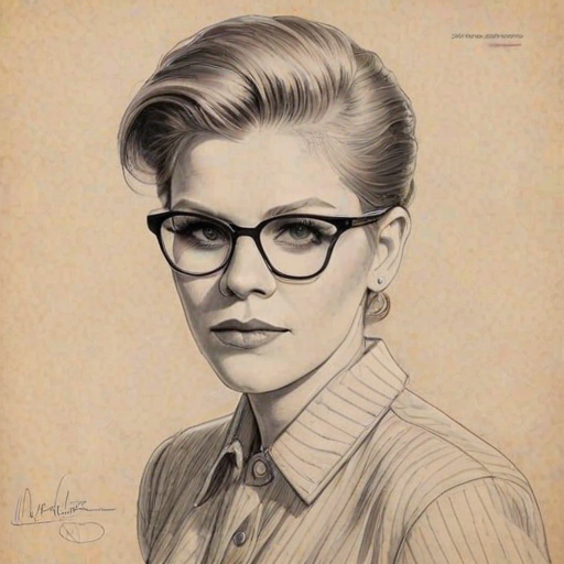 Magnificent Natalie Maines, pencil sketch, portrait of Elegant woman 1937s in glasses, hair style beatnik, outline, clear lines, fine lines, 8k