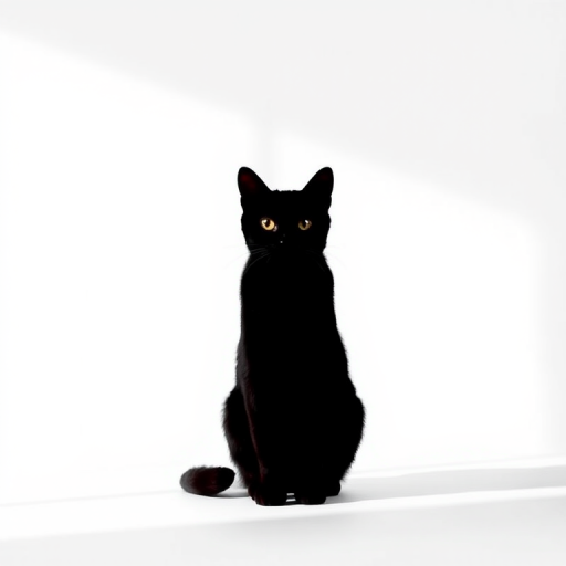 Generate an image of a minimalist black cat silhouette on a white background, captured with a DSLR camera, 50mm lens, aperture f/1.8, ISO 100, in soft natural lighting and centered composition.