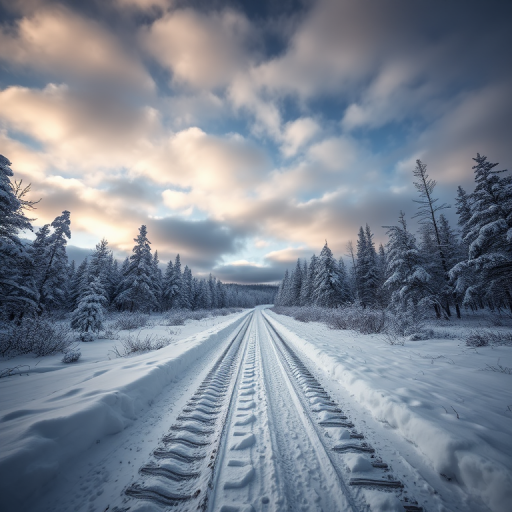 Create an atmospheric winter landscape photo featuring a snowy path in a forest with dramatic clouds, captured with a DSLR camera, 24mm lens, f/11 aperture, ISO 100, in natural light, using a low angle view to emphasize the leading lines of the track.