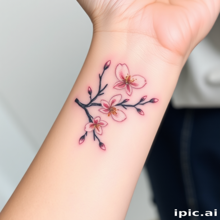 Delicate fine line tattoo of a blooming cherry blossom branch wrapping around the wrist, incorporating soft pink and white hues with subtle gray shading, emphasizing minimalist elegance and botanical precision
