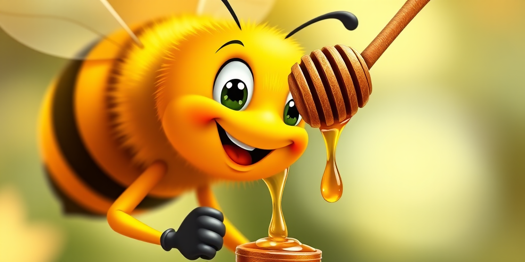 Create a vibrant and high-resolution cartoon image of a cheerful bee holding a honey dipper with honey dripping off it, using a Canon EOS 5D Mark IV, 85mm lens, f/2.8, ISO 100, natural lighting, and a shallow depth of field to enhance color saturation and clarity.