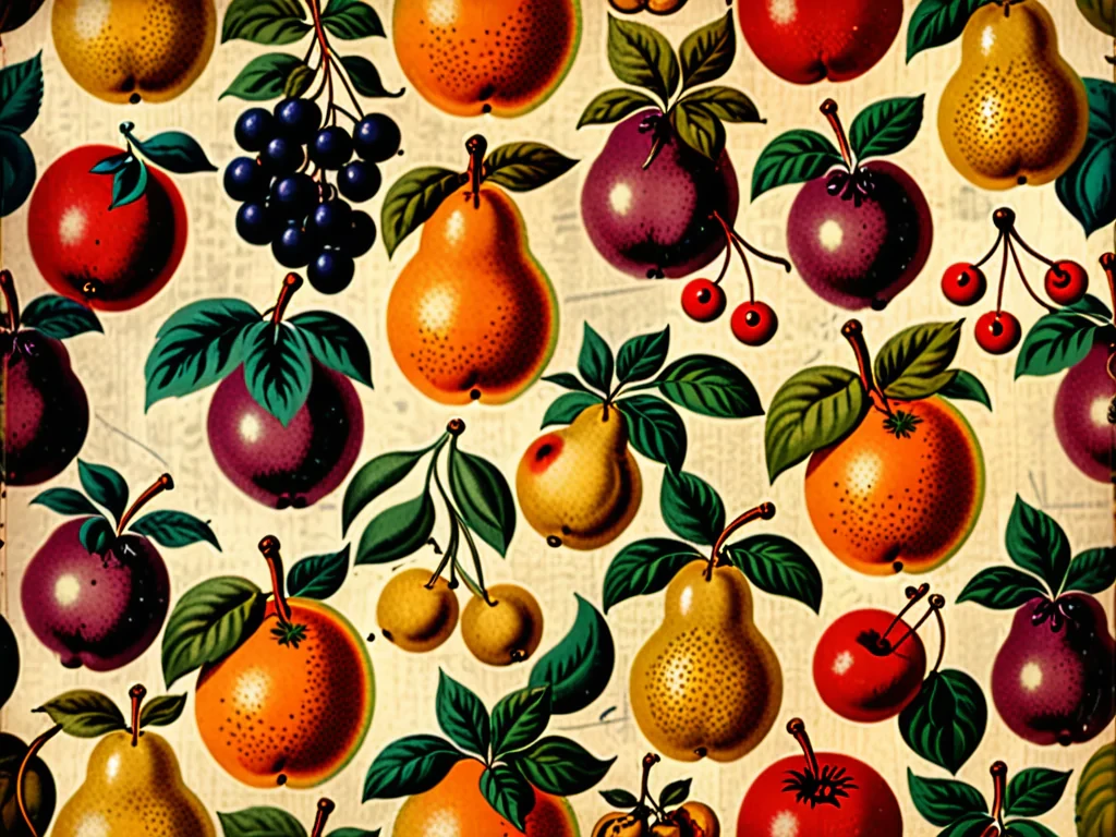 A Colorful Pattern Featuring Various Fruits: Apples, Pears, and Berries.