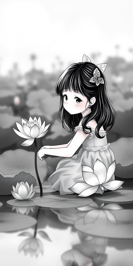 Create a whimsical illustration of a young girl sitting by a lotus flower in a tranquil pond, using a Canon EOS R5 camera with a 50mm lens, f/1.8 aperture, 1/200 sec shutter speed, and ISO 100, captured in a soft focus style with high contrast black and white colors.