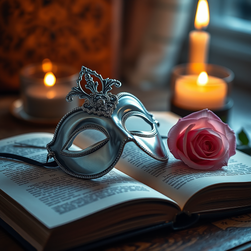 capture a close-up of a silver masquerade mask on an open vintage book with a soft pink rose beside it, warm candlelight creating a cozy ambiance, aperture f/2.8, shutter speed 1/60s, ISO 200, macro lens, shallow depth of field, natural light enhancement, soft focus background