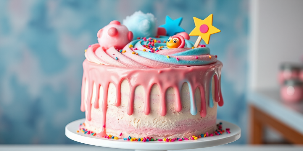 Create an image of a colorful cake featuring a swirl of pink and blue frosting with dripping icing on the sides topped with cotton candy, colorful sprinkles, and decorative cake toppers arranged artistically on a white cake stand with a blurred background.