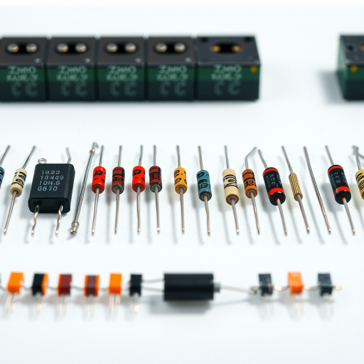 Create a high-resolution image of various electronic components including resistors and capacitors arranged linearly, with bright lighting and a clean background, using a DSLR camera, 50mm lens, f/2.8 aperture, ISO 100, and a shutter speed of 1/125 seconds to enhance clarity and detail.