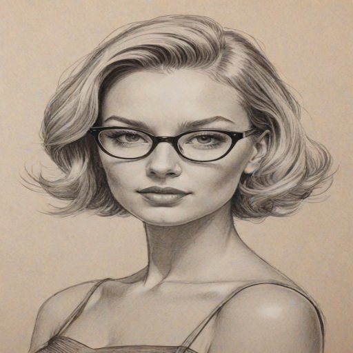 Ravishing Sia, pencil sketch, portrait of Graceful woman 1957s in glasses, hair style beatnik, outline, clear lines, fine lines, 8k