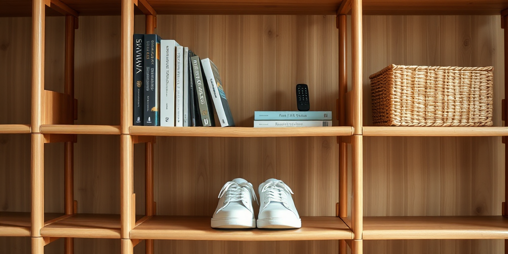 Capture a modern bamboo shelf with neatly arranged books, a woven basket, white sneakers, and a remote control, using a DSLR camera, 50mm lens, f/1.8 aperture, ISO 100, natural lighting, and a shallow depth of field for enhanced texture and detail.