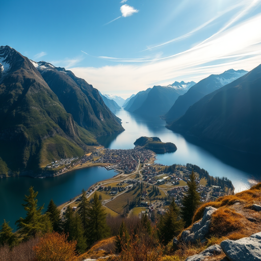 high-resolution landscape photograph of a fjord surrounded by mountains and a village, captured from an elevated viewpoint, daylight, aperture f/8, ISO 100, shutter speed 1/200 sec, DSLR camera, wide-angle lens