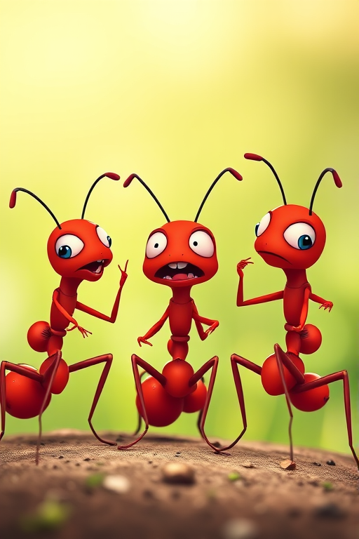Create a vibrant cartoon-style illustration of three playful red ants, one expressing frustration while the others engage in lighthearted antics, captured with a Canon EOS 5D Mark IV, 50mm lens, f/2.8 aperture, ISO 100, shot from a low angle to emphasize the ants' interactions with bright, saturated colors.