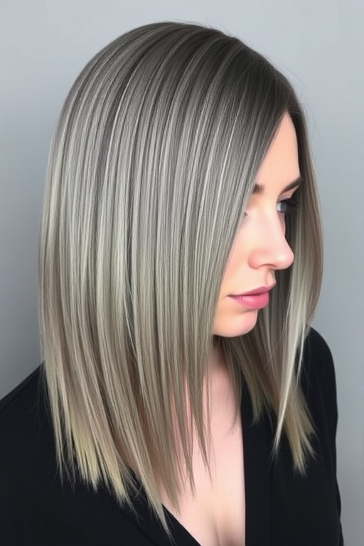 Ash gray long bob with subtle green undertones and styled in sleek, straight lines with a deep side part, exuding a sophisticated and mysterious aura named Misty Willow