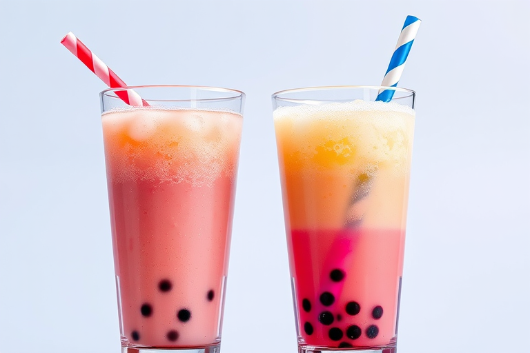 Create a vibrant illustration of two glasses of bubble tea with colorful straws, showcasing the bubbles and textures, photographed with a DSLR camera, 50mm lens, aperture at f/2.8, ISO 100, shot in natural light from a slight angle to emphasize the depth and texture of the drinks.