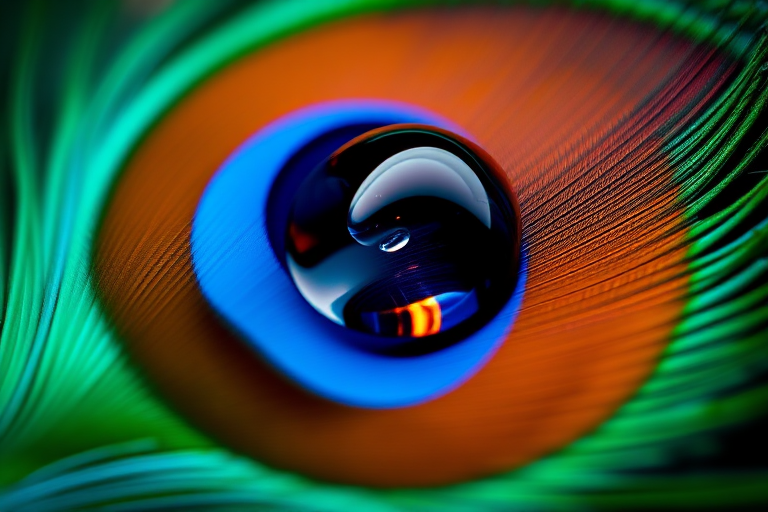 macro shot of a peacock feather with a water droplet reflecting its colors, focus on the droplet, shallow depth of field, f/2.8, ISO 100, 100mm lens, natural light, DSLR camera