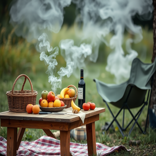 Create a serene outdoor scene featuring a picnic setup with a wooden table displaying fruits, a bottle of wine, and a basket, a comfortable camping chair nearby, with soft smoke rising in the background, shot using a DSLR camera at f/2.8 aperture, ISO 100, 50mm lens, with natural lighting and a shallow depth of field for a dreamy effect.