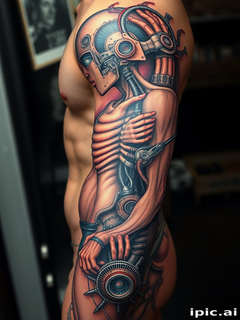 Surrealist biomechanical tattoo titled "Cybernetic Fusion" blending hyperrealistic human anatomy with intricate mechanical components in a harmonious fusion of man and machine