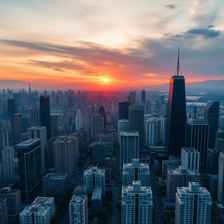 urban skyline at sunset with skyscrapers and mountains in the background, captured with a Canon EOS R5, 35mm lens, aperture f/8, ISO 100, shutter speed 1/200s, aerial view, HDR style