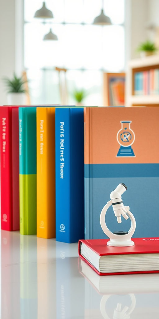Generate an image of four colorful textbooks displayed on a clean surface, featuring scientific symbols like an atom and a microscope, in a bright and inviting setting, captured with a DSLR camera at f/4 aperture, ISO 100, 50mm lens, soft natural lighting.