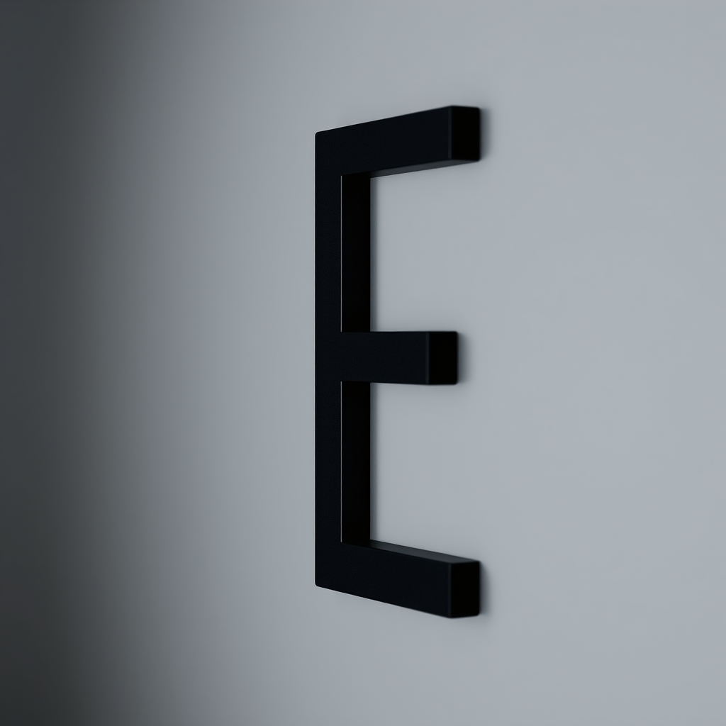 Generate a high-resolution image of a stylized letter "E" in black color, set against a gray background, captured with a Canon EOS R5 camera, 50mm lens, f/1.8 aperture, ISO 100, natural lighting, and a shallow depth of field.