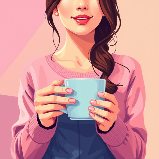 Create a high-quality illustration of a woman holding a coffee mug, medium shot, vibrant colors, soft shadows, using a digital art style with vector graphics, and simulating a digital camera with a focal length of 35mm and an aperture of f/4.0 for depth of field.