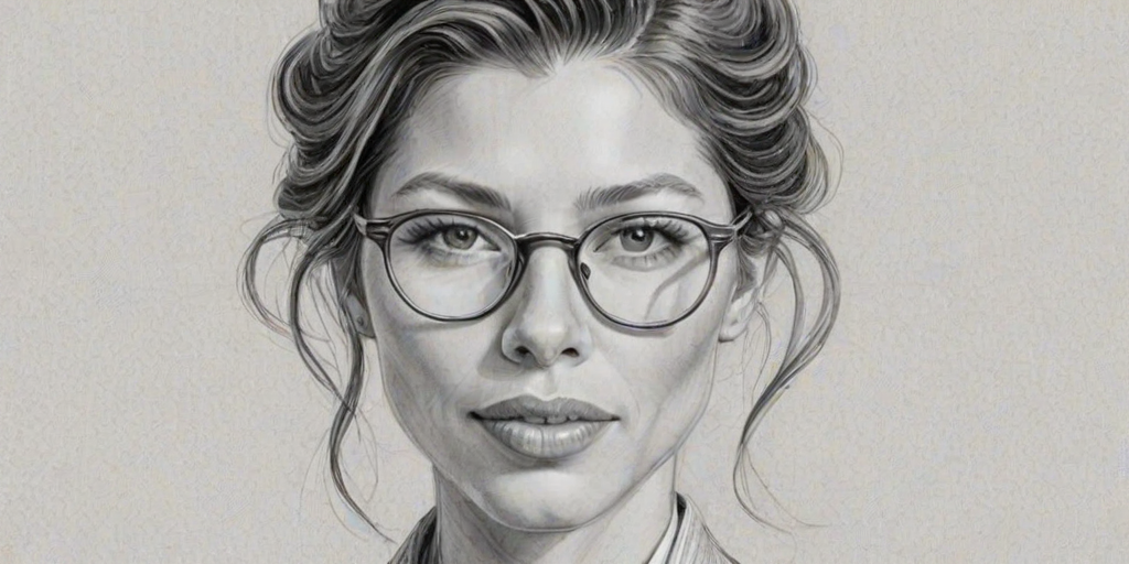 Enchanting Jessica Biel, pencil sketch, portrait of Dazzling woman 1931s in glasses, hair style beatnik, outline, clear lines, fine lines, 8k
