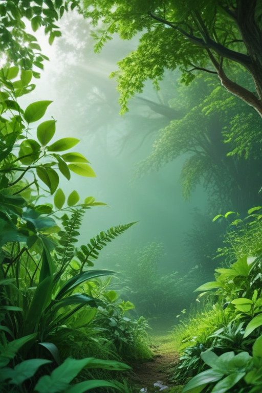 Serene Forest Pathway Surrounded by Lush Greenery and Mystical Light