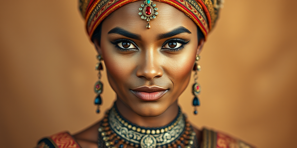 Create a portrait of a beautiful Tongan woman with striking black eyes and a gentle expression. She is adorned in traditional attire with intricate patterns, including a richly embroidered headscarf and matching garments. Her jewelry includes a delicate headpiece, dangling earrings, and ornate bracelets, all featuring vibrant gemstones and detailed metalwork. The background is soft and warm, enhancing the rich colors of her outfit and jewelry.