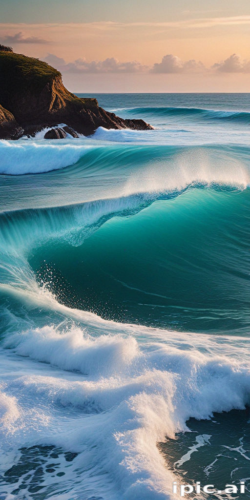 Majestic Ocean Waves Crashing Against Rocky Shoreline at Sunset