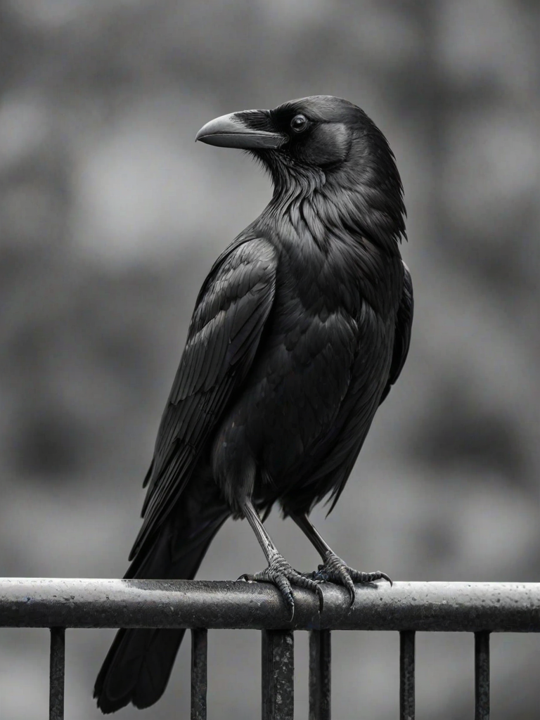 a close-up of a raven perched on a railing, showcasing its glossy black feathers and sharp beak, in black and white photography with a blurred background.