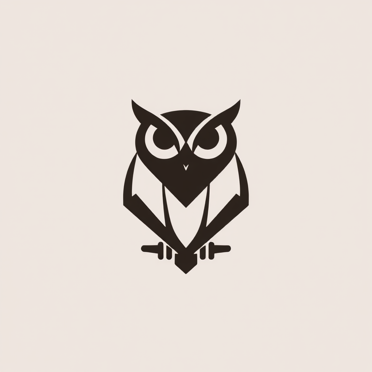 Create a high-resolution image of a stylized logo featuring a minimalist owl design with sharp angles and modern elements, using a Nikon D850 camera, 50mm lens, f/1.8 aperture, ISO 100, natural lighting, and a straight-on view to emphasize clarity and detail.
