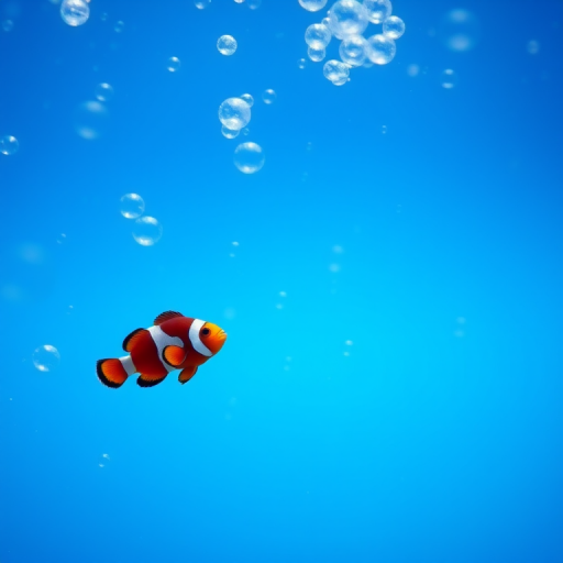 Generate an underwater scene featuring two clownfish swimming through bubbles against a gradient blue background, capture in high resolution with a DSLR camera, 50mm lens, f/2.8 aperture, ISO 200, and a soft-focus style to enhance the image quality and vibrancy.