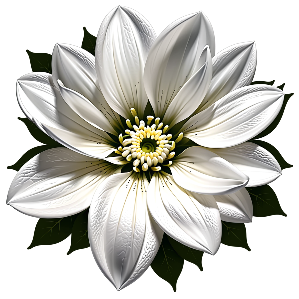 Elegant White Flower with Intricate Petals and Vibrant Green Leaves