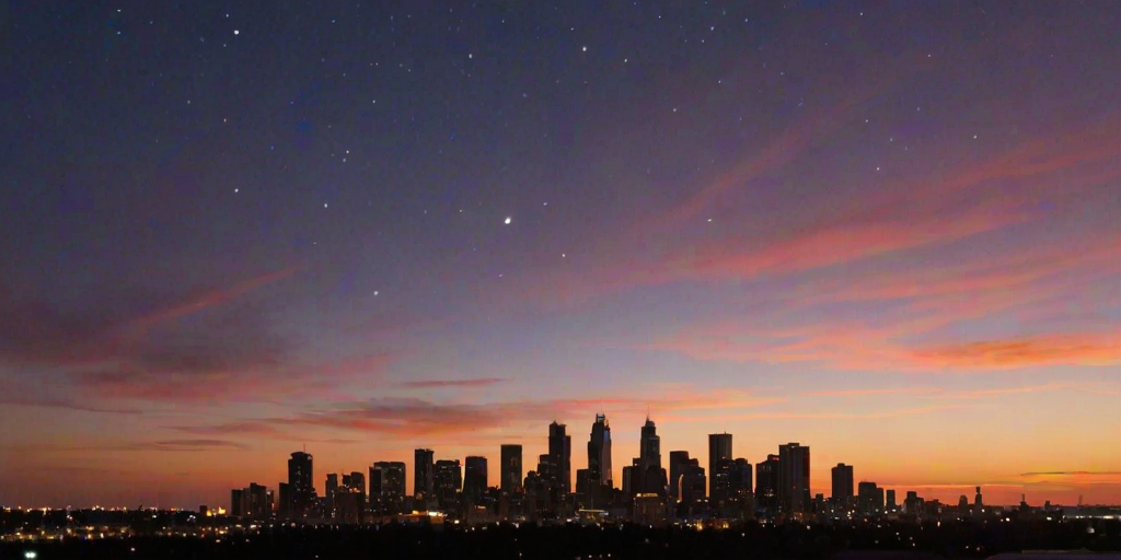 Dramatic sunset over a city skyline, skyscrapers silhouetted against a colorful sky, and the first stars appearing as the day transitions into night.