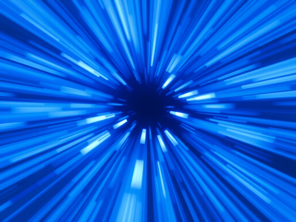 Generate an abstract image of blue light burst with radial lines, using a DSLR camera with a focal length of 50mm, aperture set to f/1.8, ISO 100, and a slight motion blur effect to enhance dynamism, shot from a central perspective.