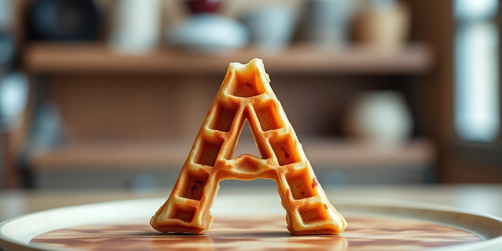 Create a highly detailed, high-resolution image of a waffle shaped like the letter A, captured with a DSLR camera at f/2.8, ISO 100, in natural light, at a 45-degree angle view with a soft focus background to enhance the texture and color of the waffle.