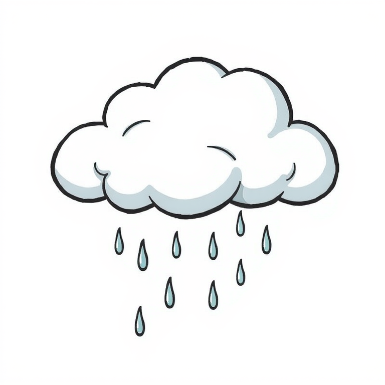 Create a stylized illustration of a cartoon cloud with raindrops falling from it, using a digital drawing style, with a focus on contrast and smooth lines, captured with a high-resolution digital camera at 50mm focal length, f/2.8 aperture, and 1/250s shutter speed for clear details and vibrant colors.